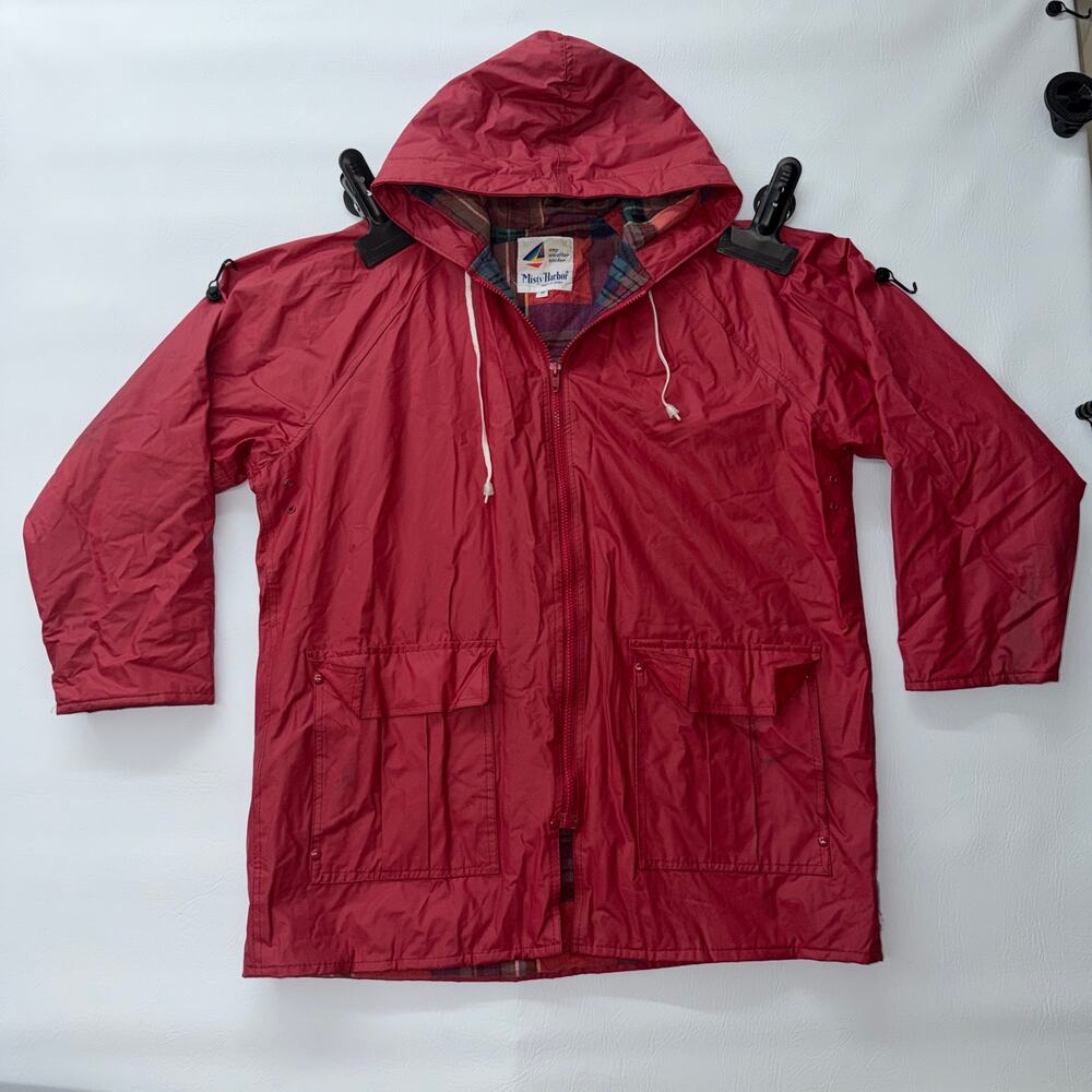 Vintage Misty Harbor Any Weather Slicker Rain Jacket Plaid Lined Hooded Red